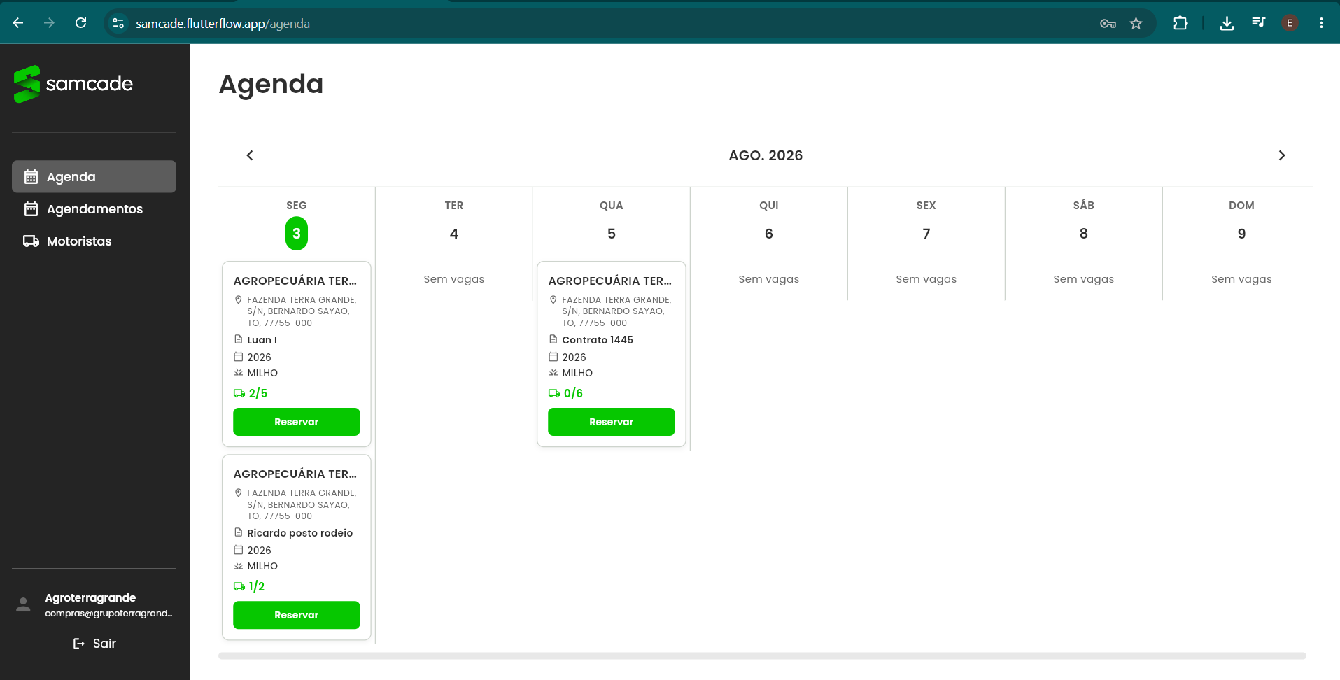 Interface de agendamento da transportadora
